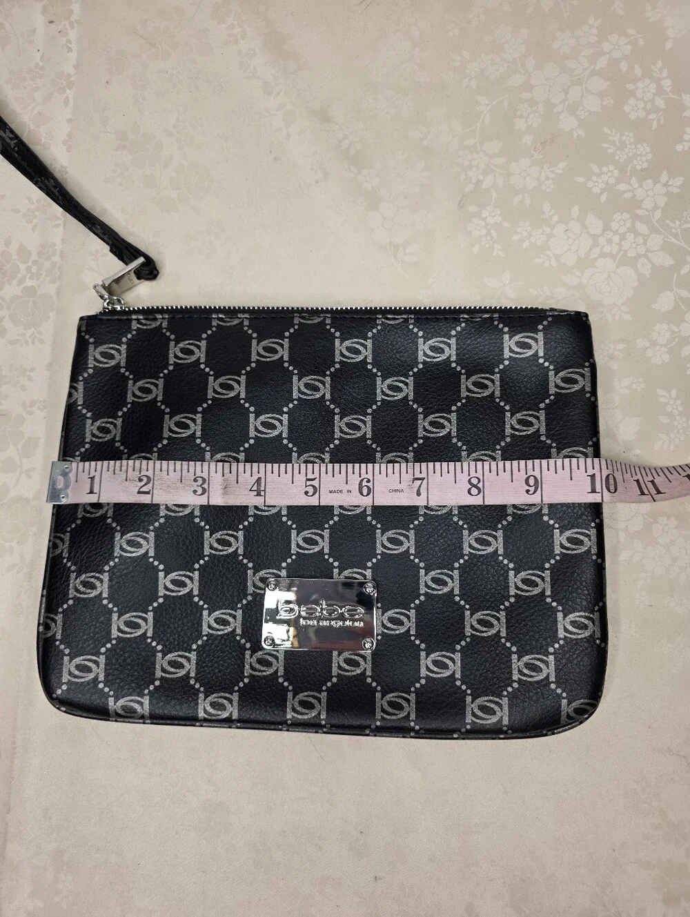 Bebe Black Silver All Over Monogram Logo Zip Wristlet Handbag Evening Bag